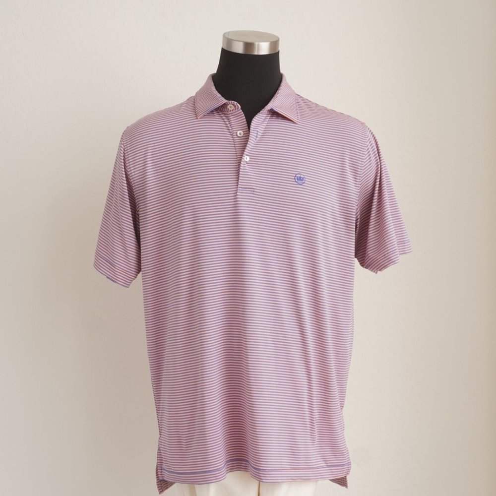Peter Millar Summer Comfort Mens Polo Shirt Pink Blue Striped Polyester Large